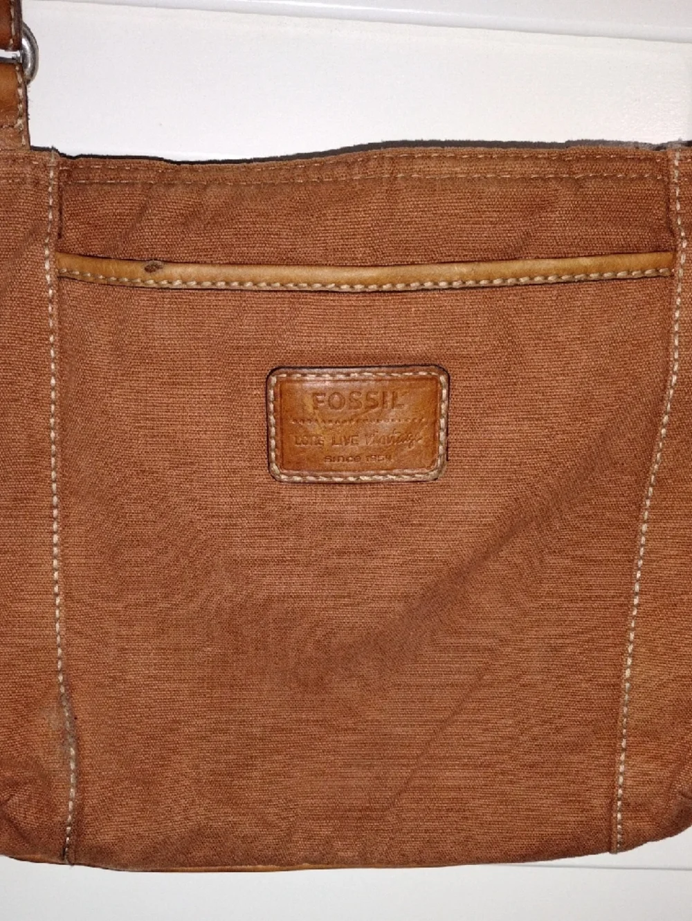 Fossil Rust Brown Canvas Shoulder Bag with Leather Trim